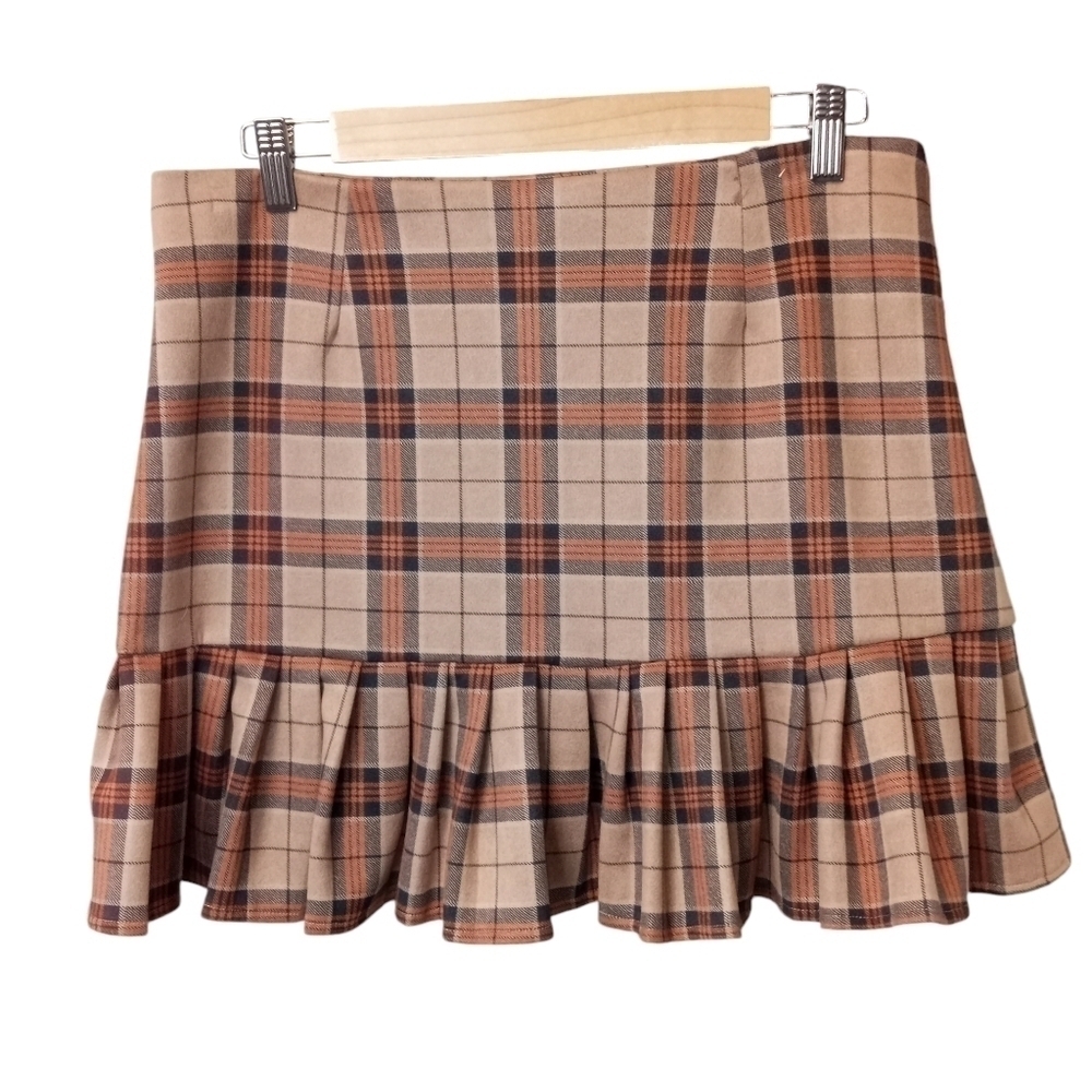 HAVE L.A. - Pleated Plaid Preppy Ruffle Hem Mini Skirt Brown /Tan Size Large
